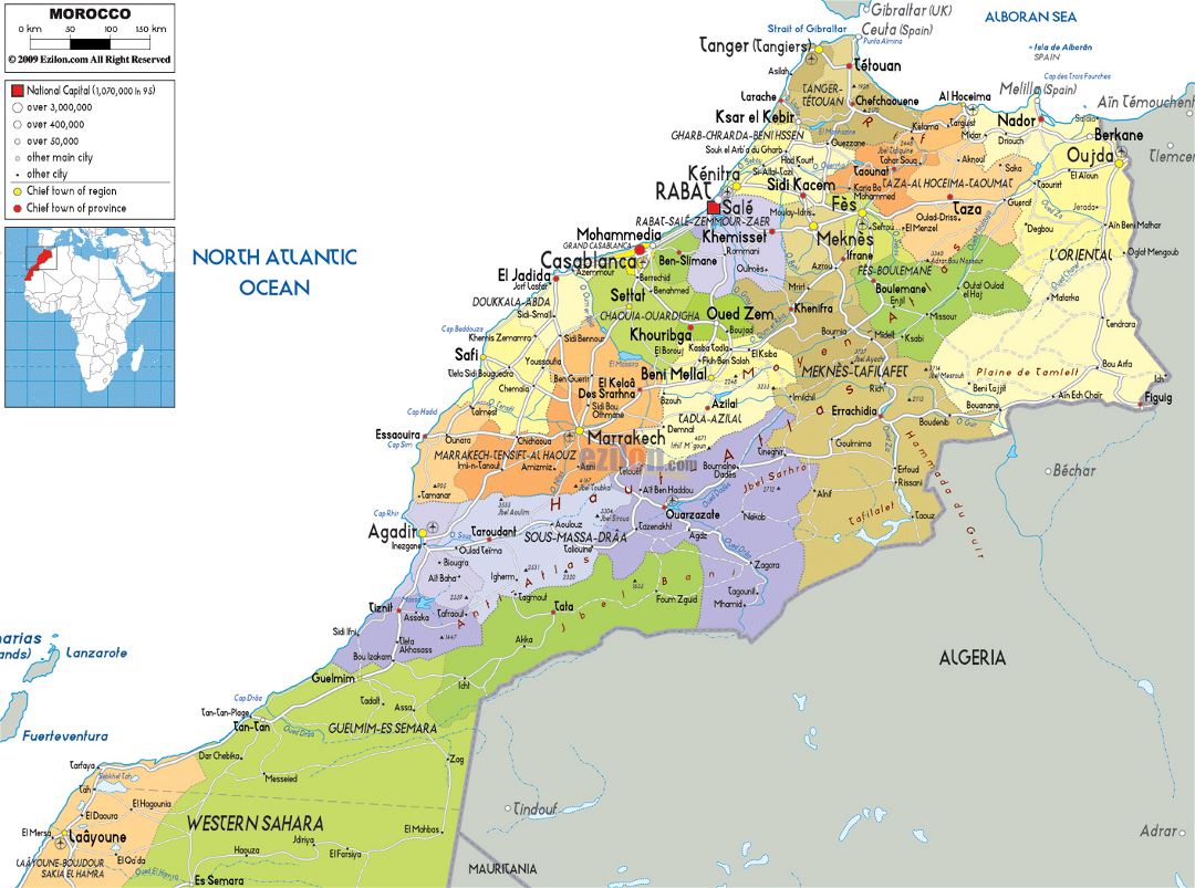 Large political and administrative map of Morocco with roads, cities and airports
