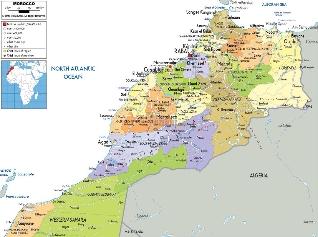 Large political and administrative map of Morocco with roads, cities and airports
