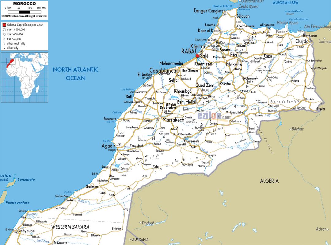 Large road map of Morocco with cities and airports