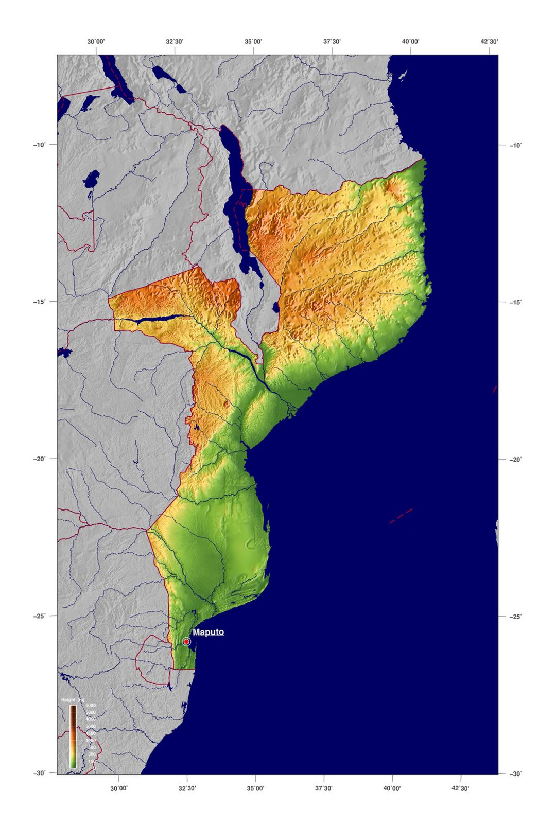 Detailed elevation map of Mozambique