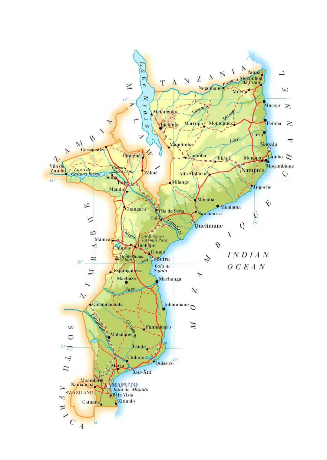 Detailed elevation map of Mozambique with roads, railroads, cities and airports