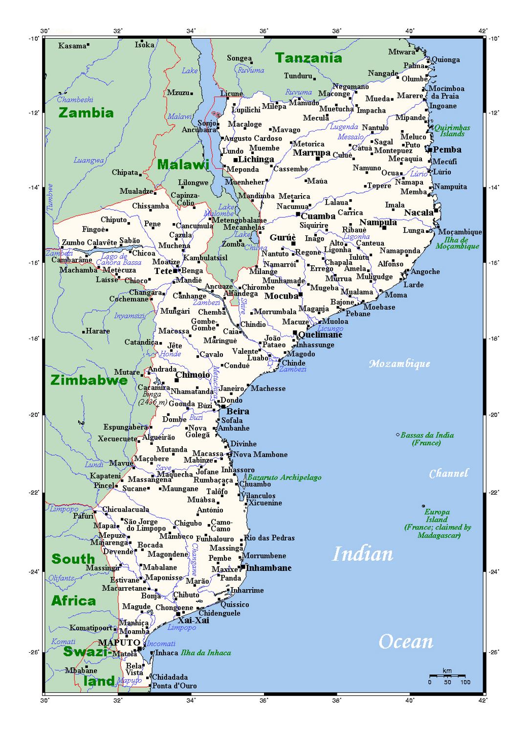 Detailed map of Mozambique with cities