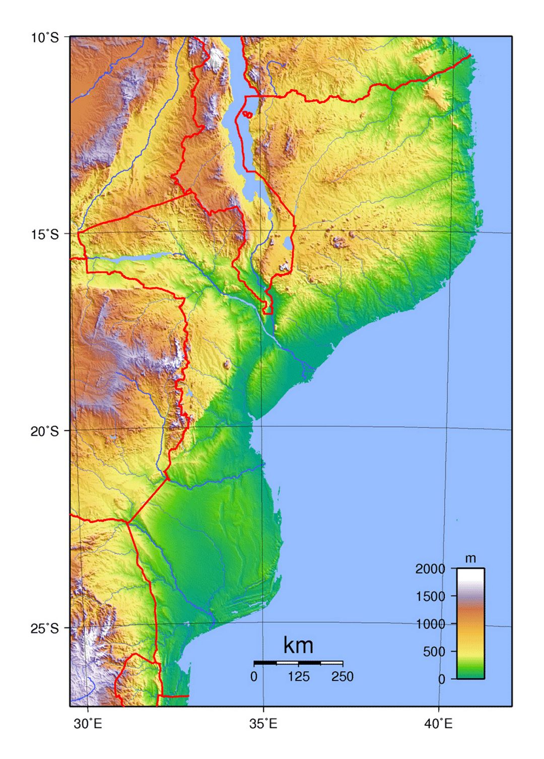 Detailed physical map of Mozambique