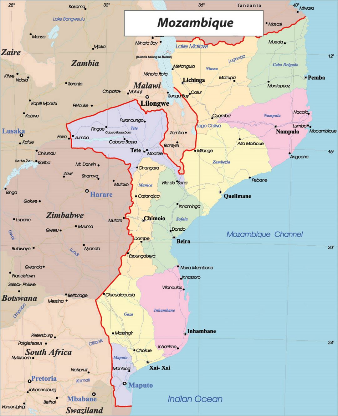 Detailed political and administrative map of Mozambique with roads and major cities