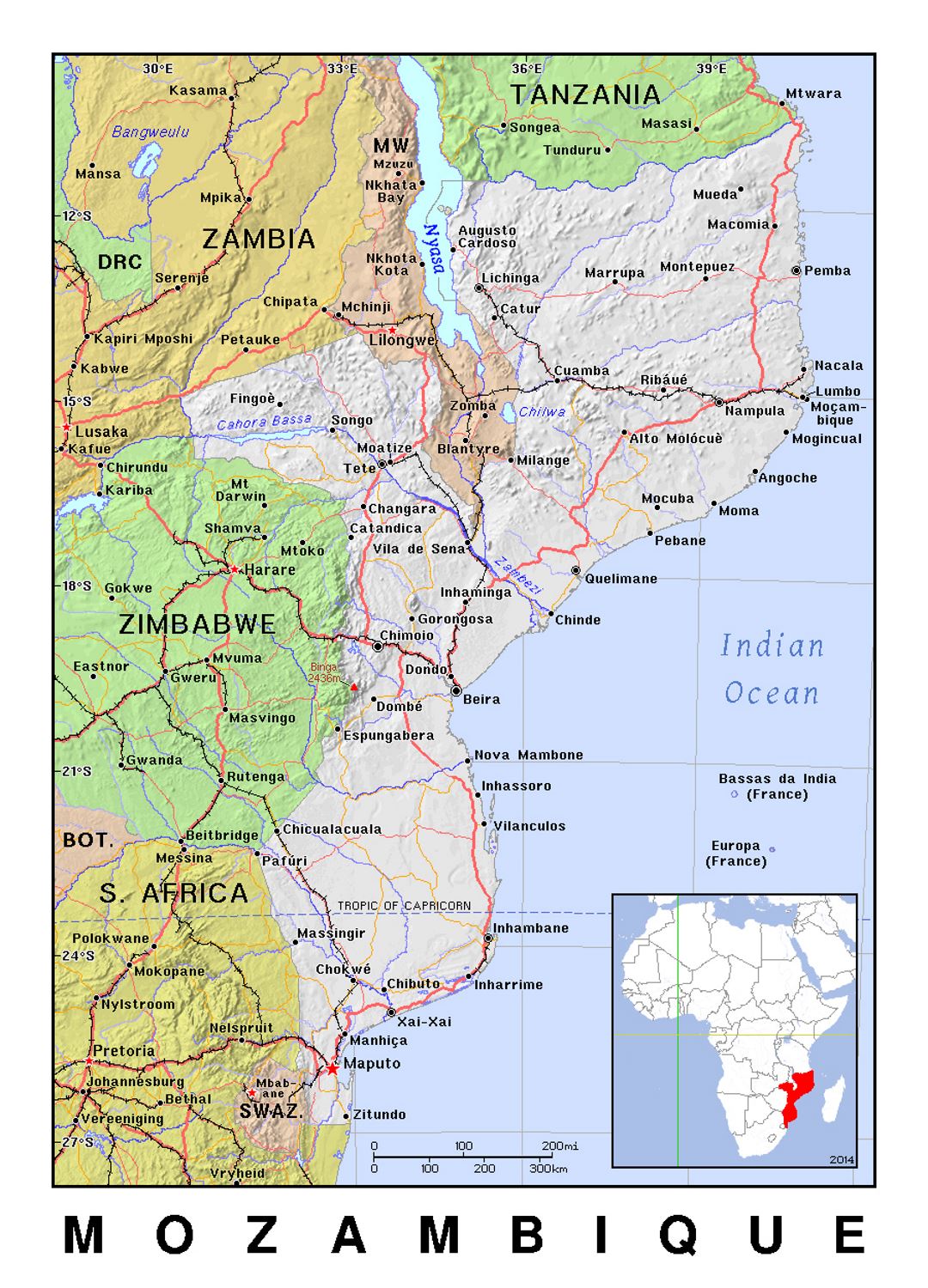 Detailed political map of Mozambique with relief