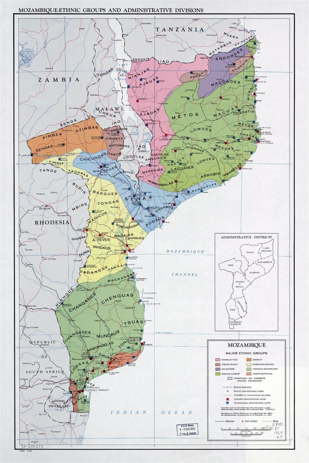 Large detailed map of Mozambique-Ethnic Groups and Administrative Divisions - 1964
