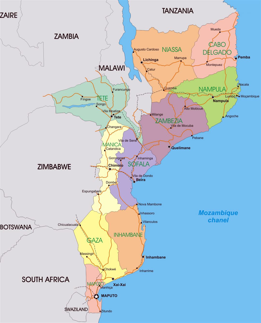 Large detailed political and administrative map of Mozambique