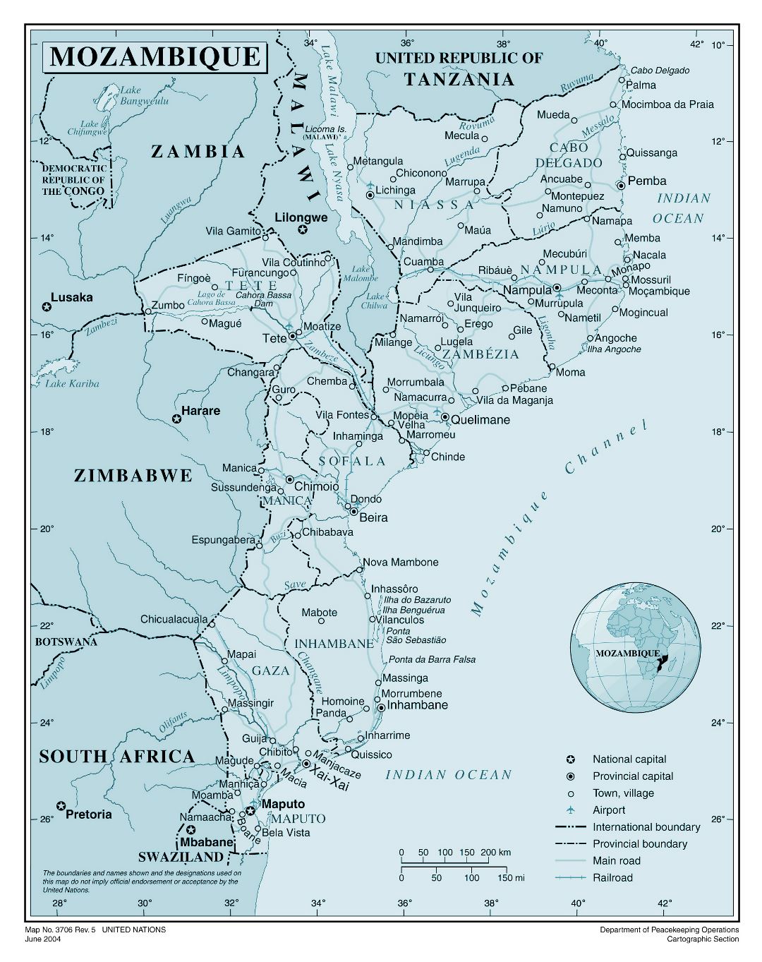 Large detailed political and administrative map of Mozambique with all cities, roads, railroads and airports