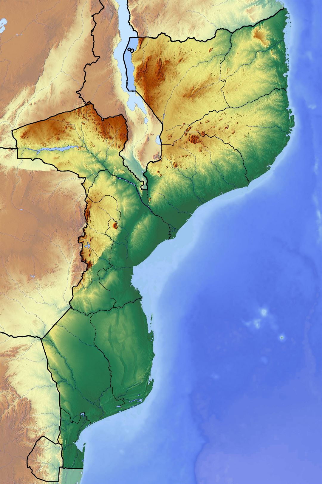 Large detailed topographic map of Mozambique