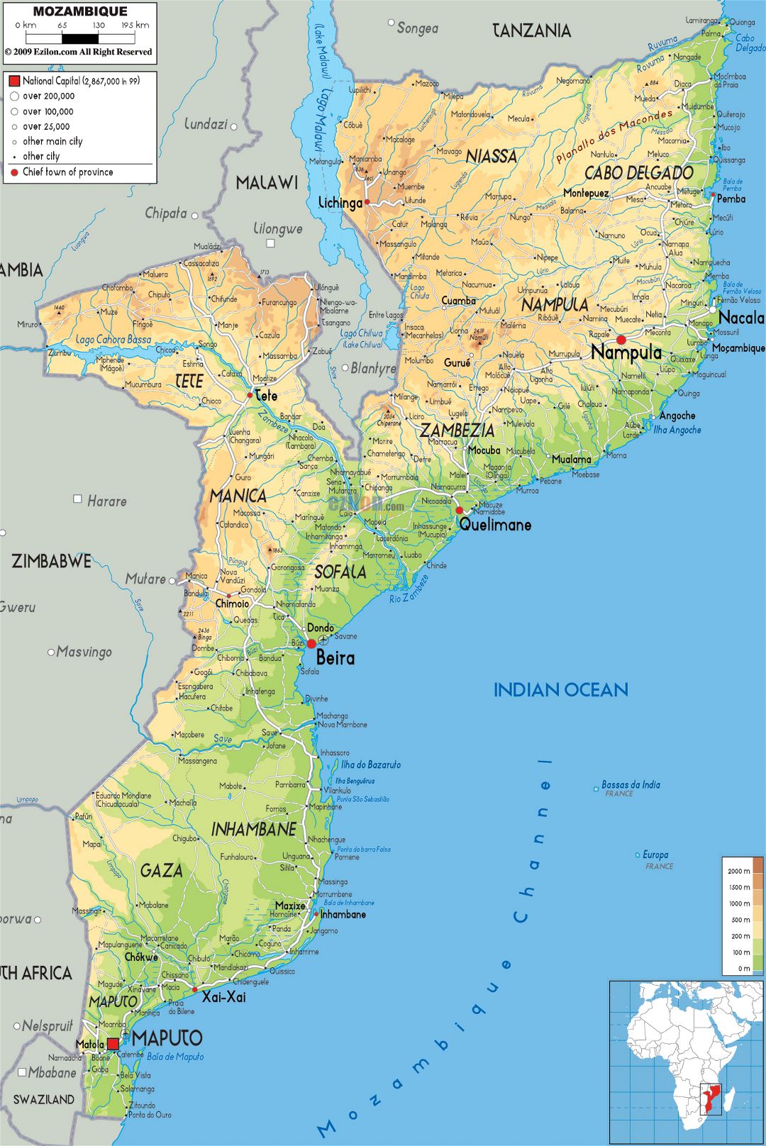 Large physical map of Mozambique with roads, cities and airports