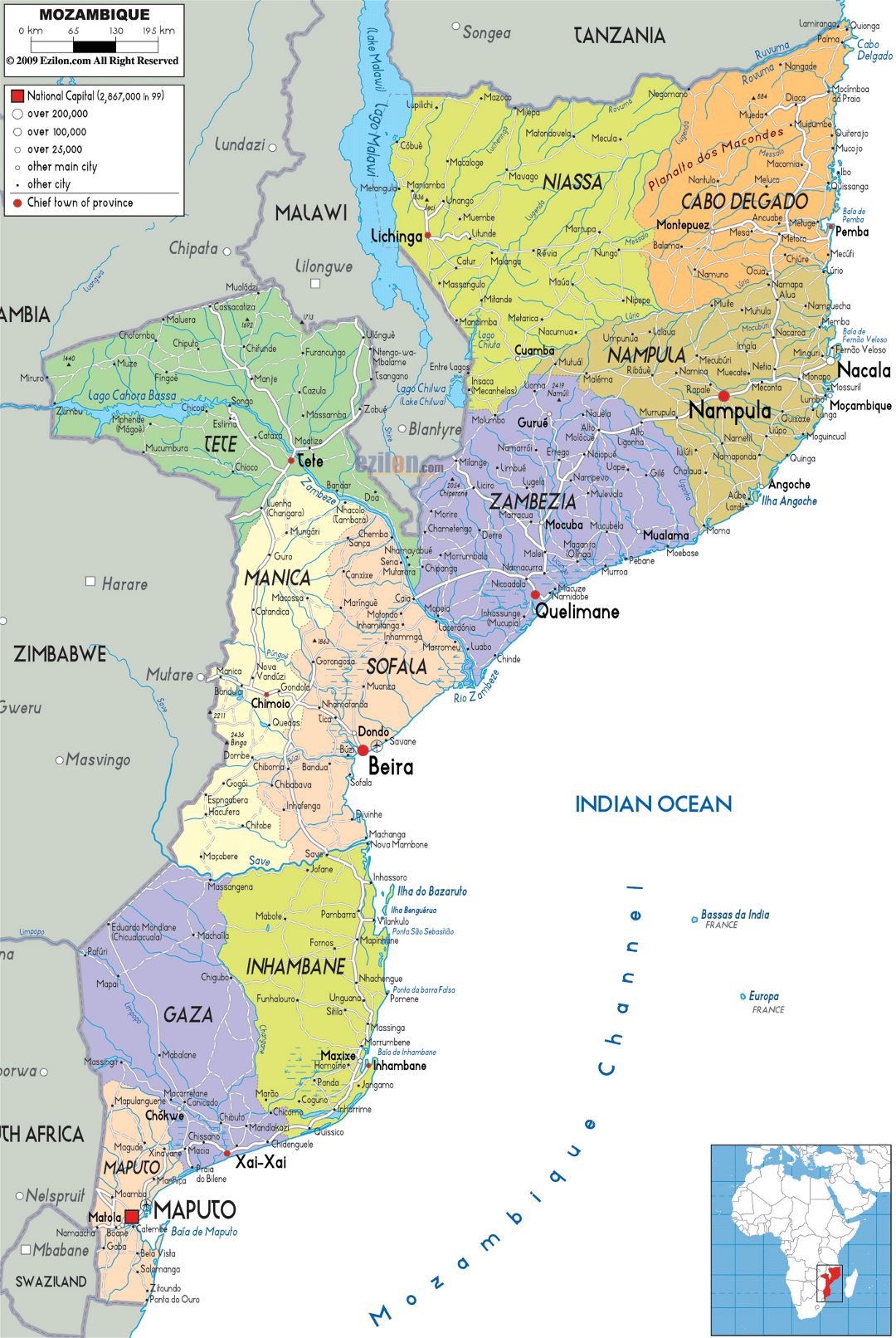 Large political and administrative map of Mozambique with roads, cities and airports