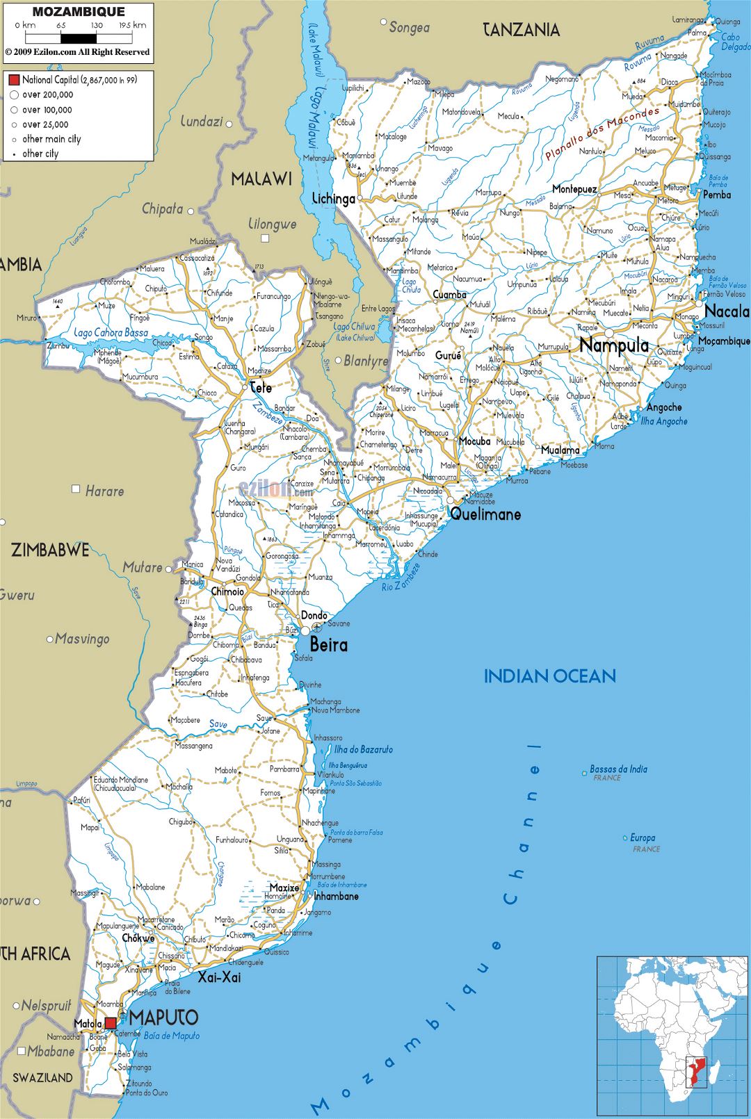 Large road map of Mozambique with cities and airports