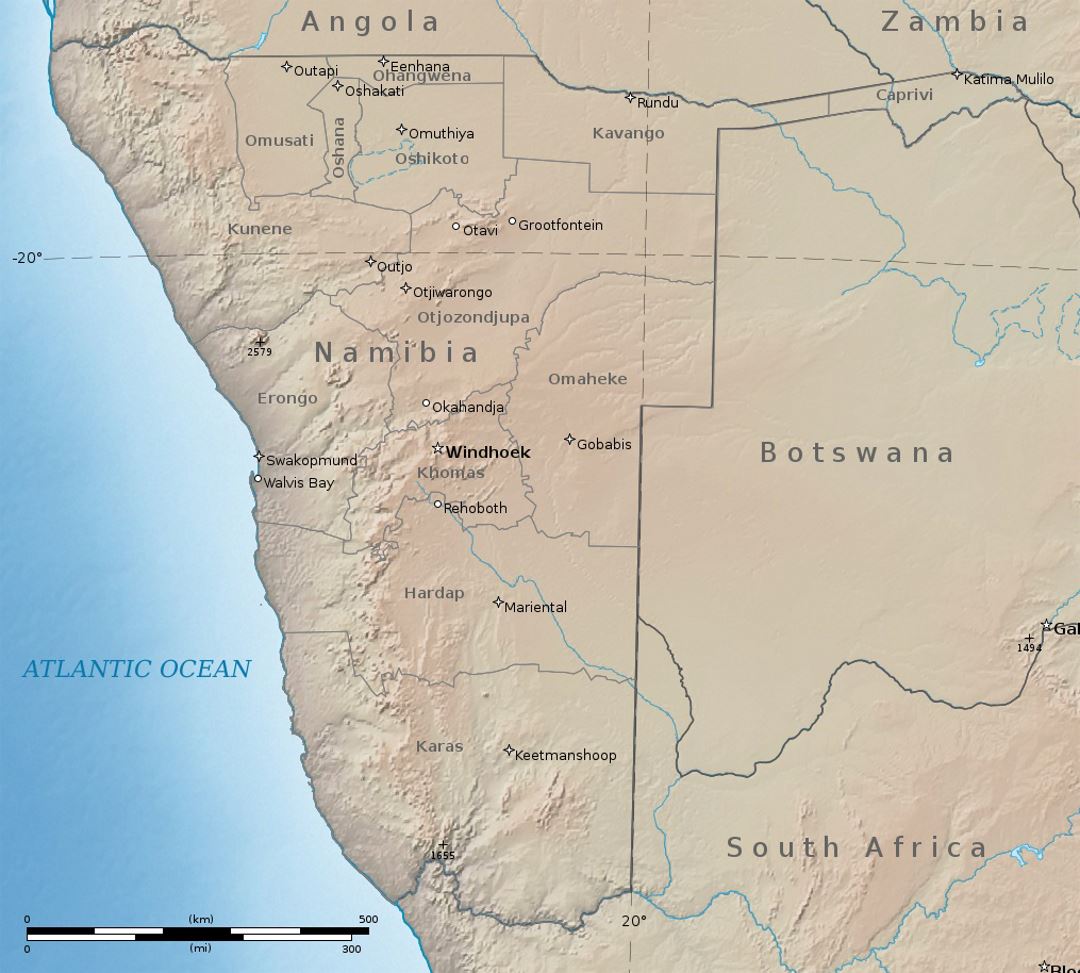 Detailed political and administrative map of Namibia with relief and major cities