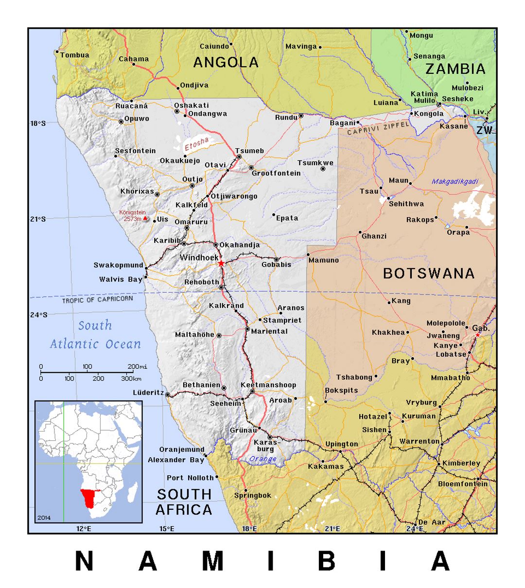 Detailed political map of Namibia with relief