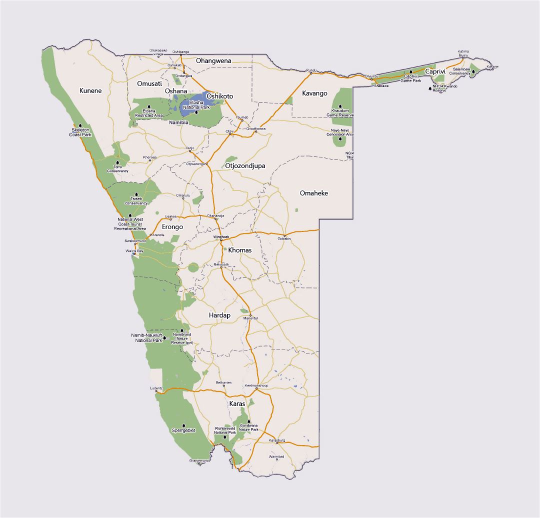 Detailed road map of Namibia with national parks