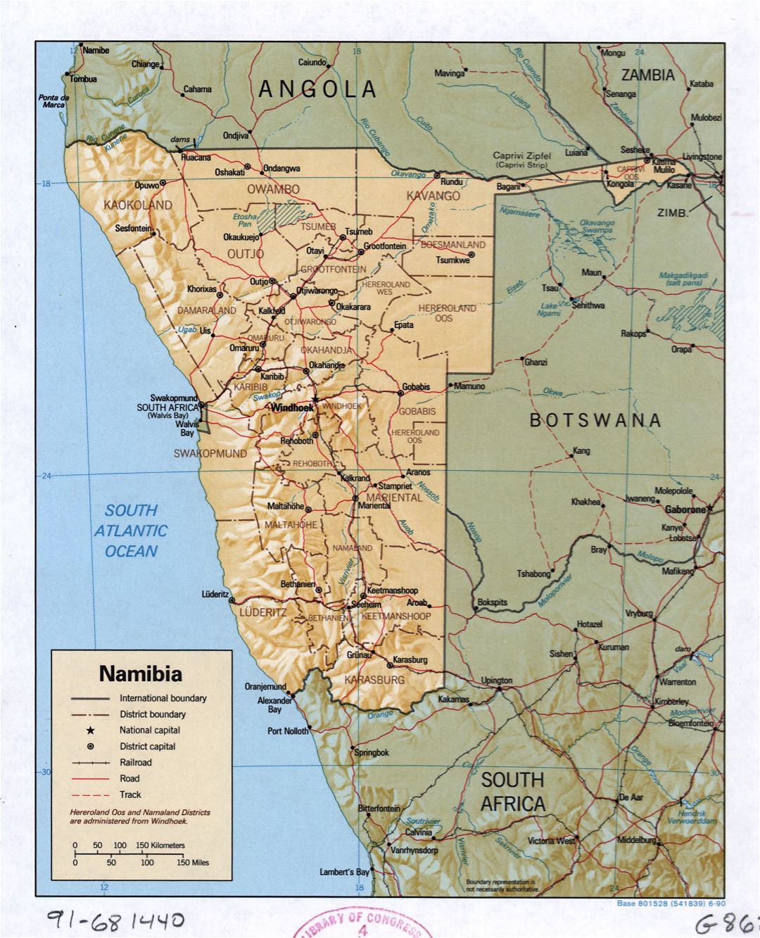 Large detailed political and administrative map of Namibia with relief, roads, railroads and major cities - 1990