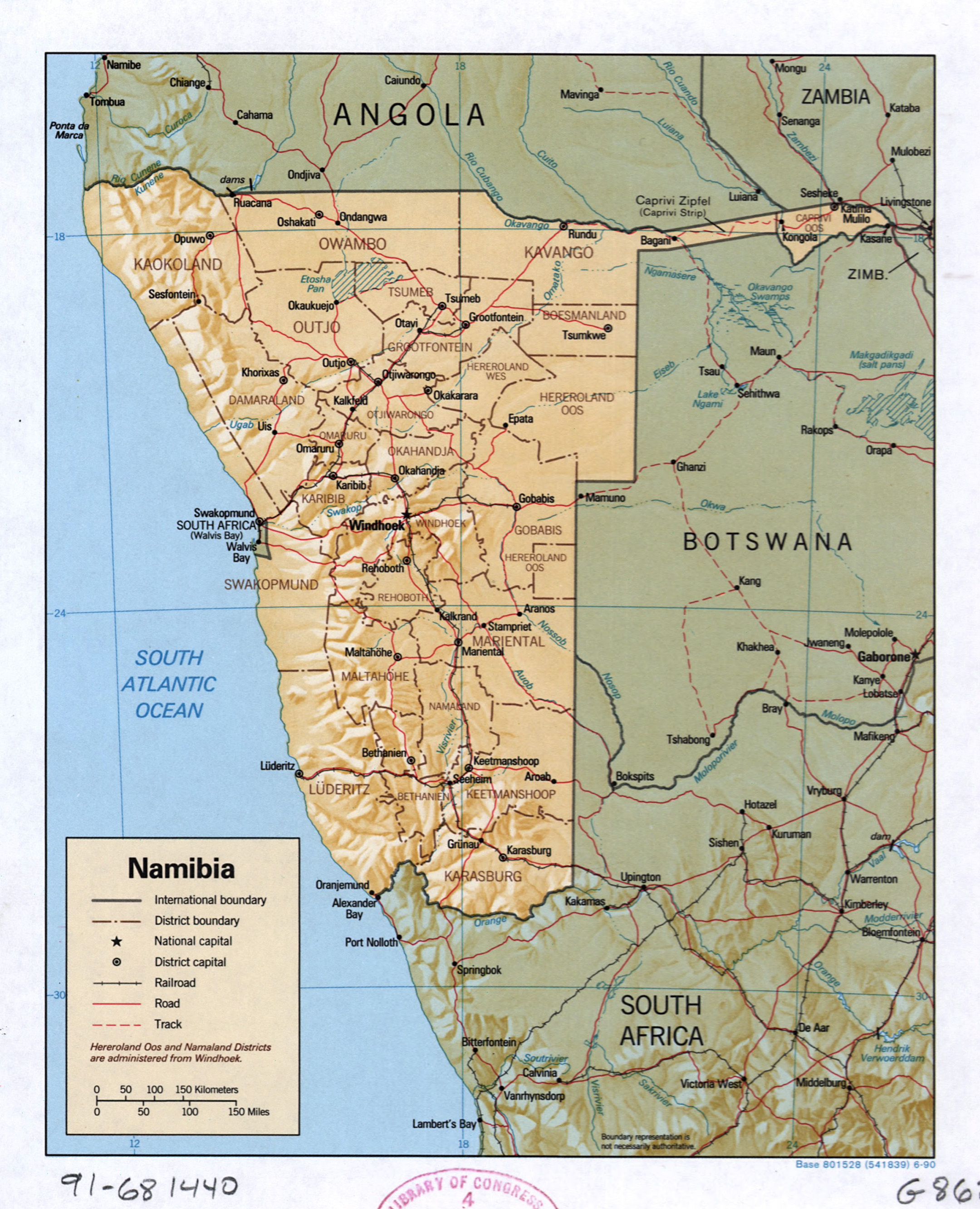 Large Detailed Political And Administrative Map Of Namibia With Relief Roads Railroads And Major Cities 1990 