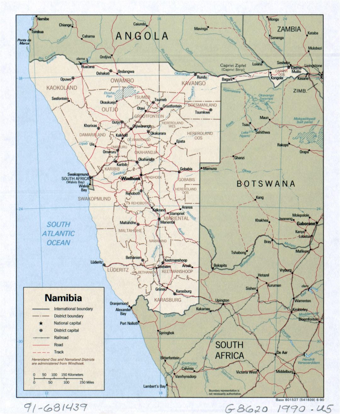 Large detailed political and administrative map of Namibia with roads, railroads and major cities - 1990