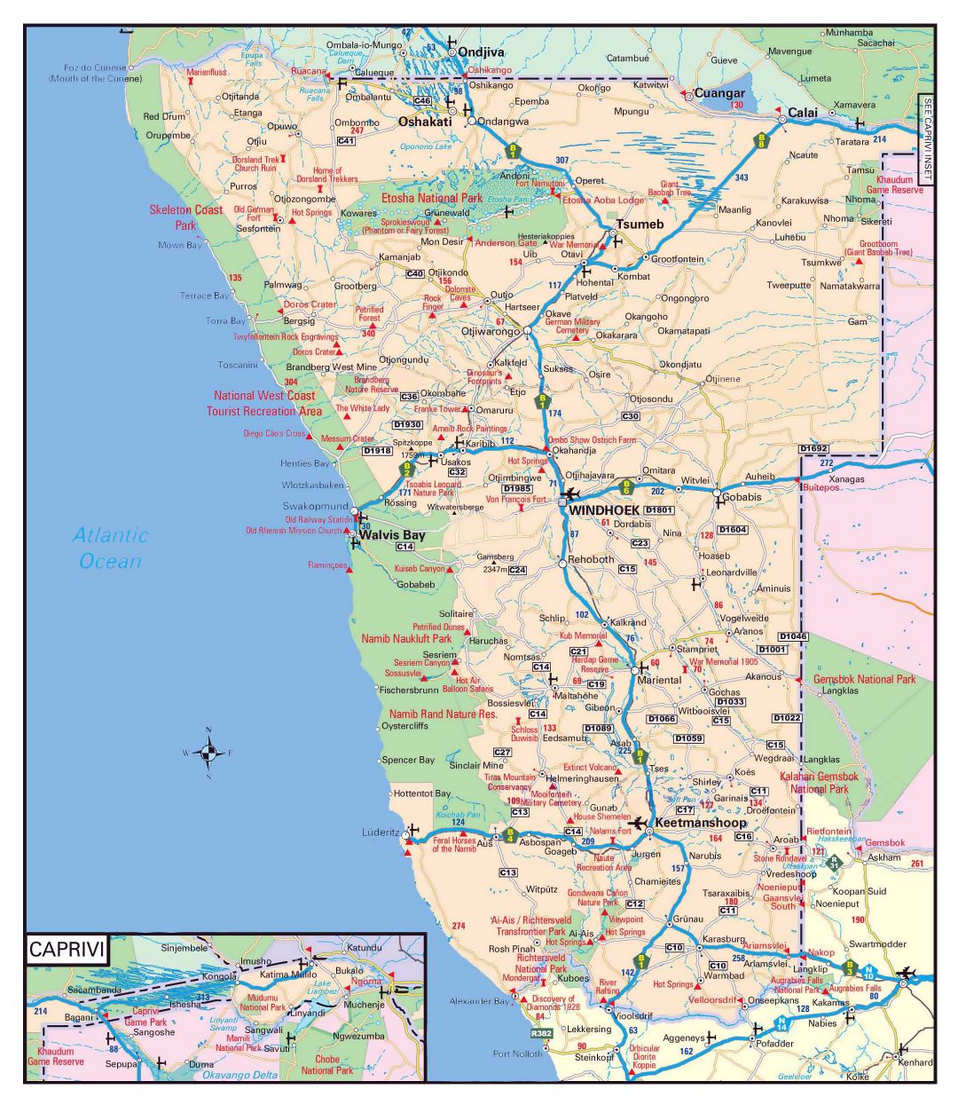 Large detailed road map of Namibia with other marks