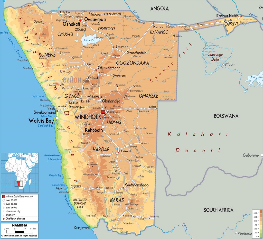 Large physical map of Namibia with roads, cities and airports