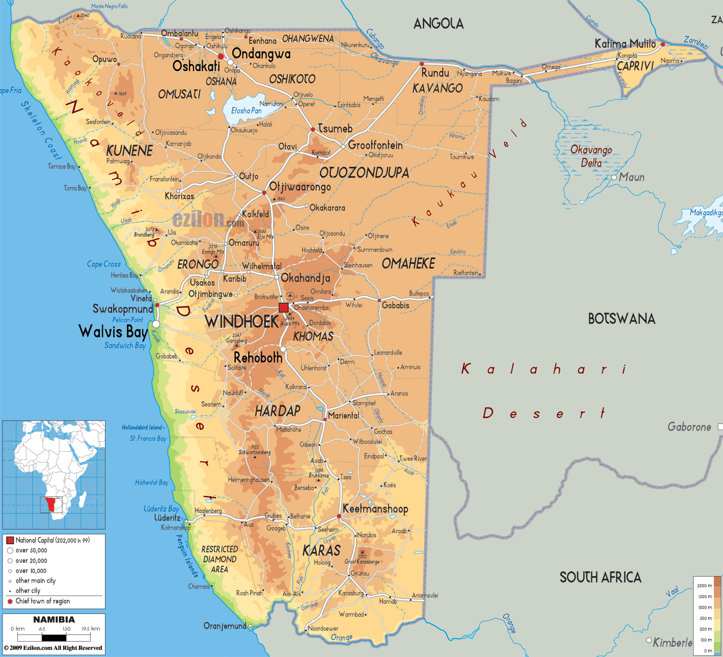 Large physical map of Namibia with roads, cities and airports | Namibia