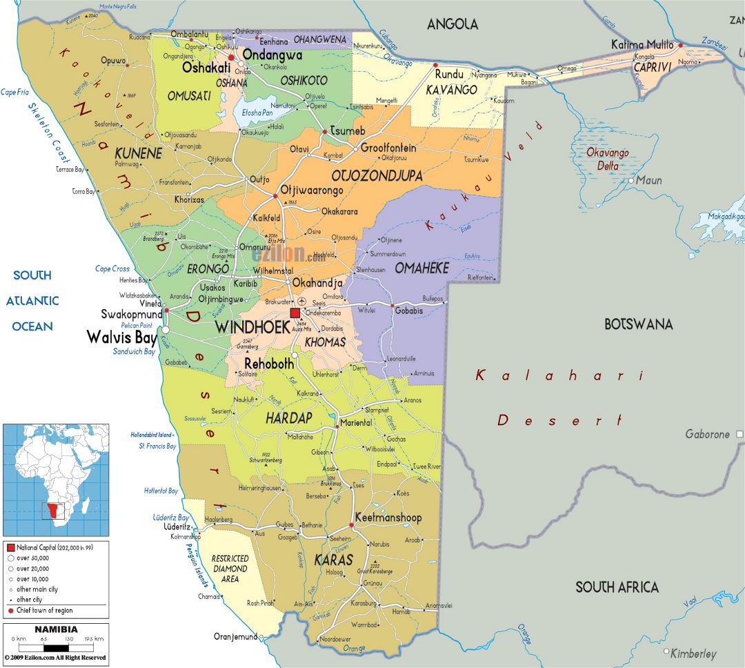 Large political and administrative map of Namibia with roads, cities and airports