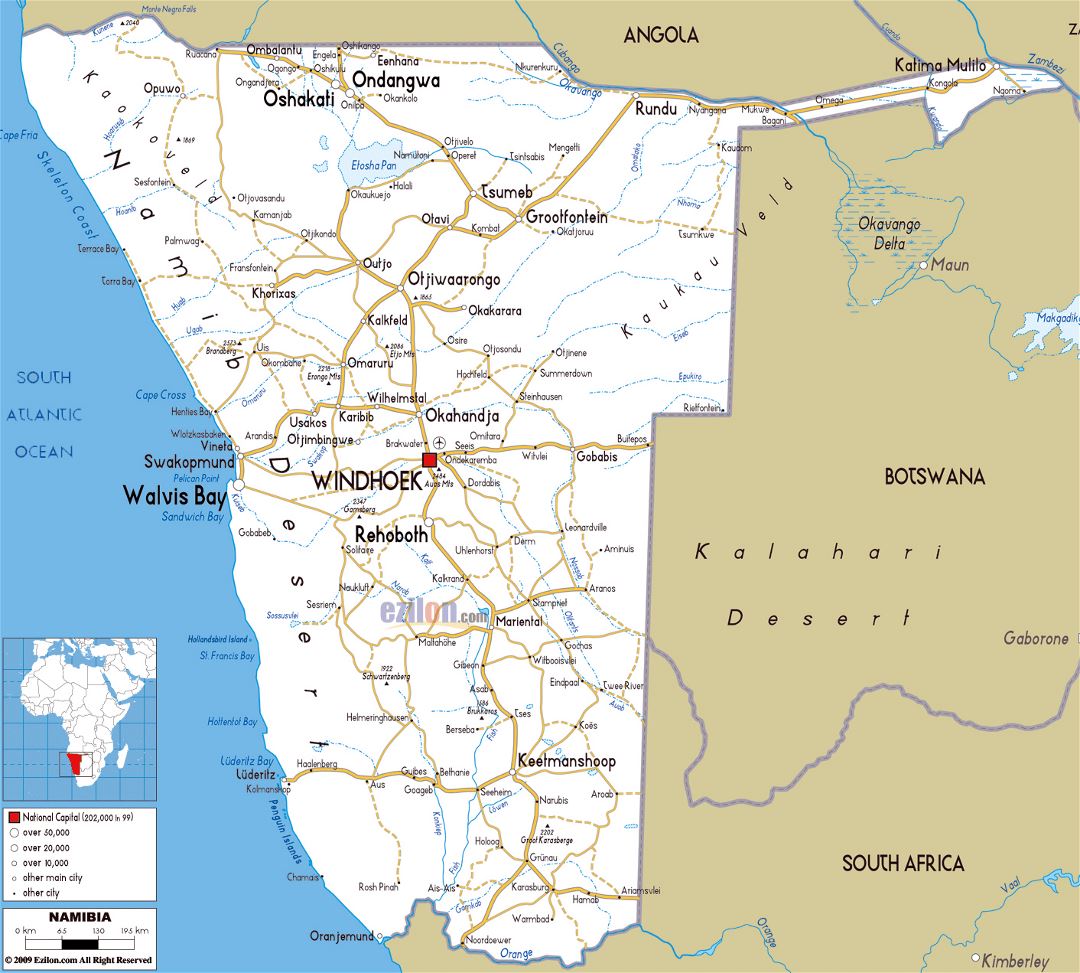 Large road map of Namibia with cities and airports