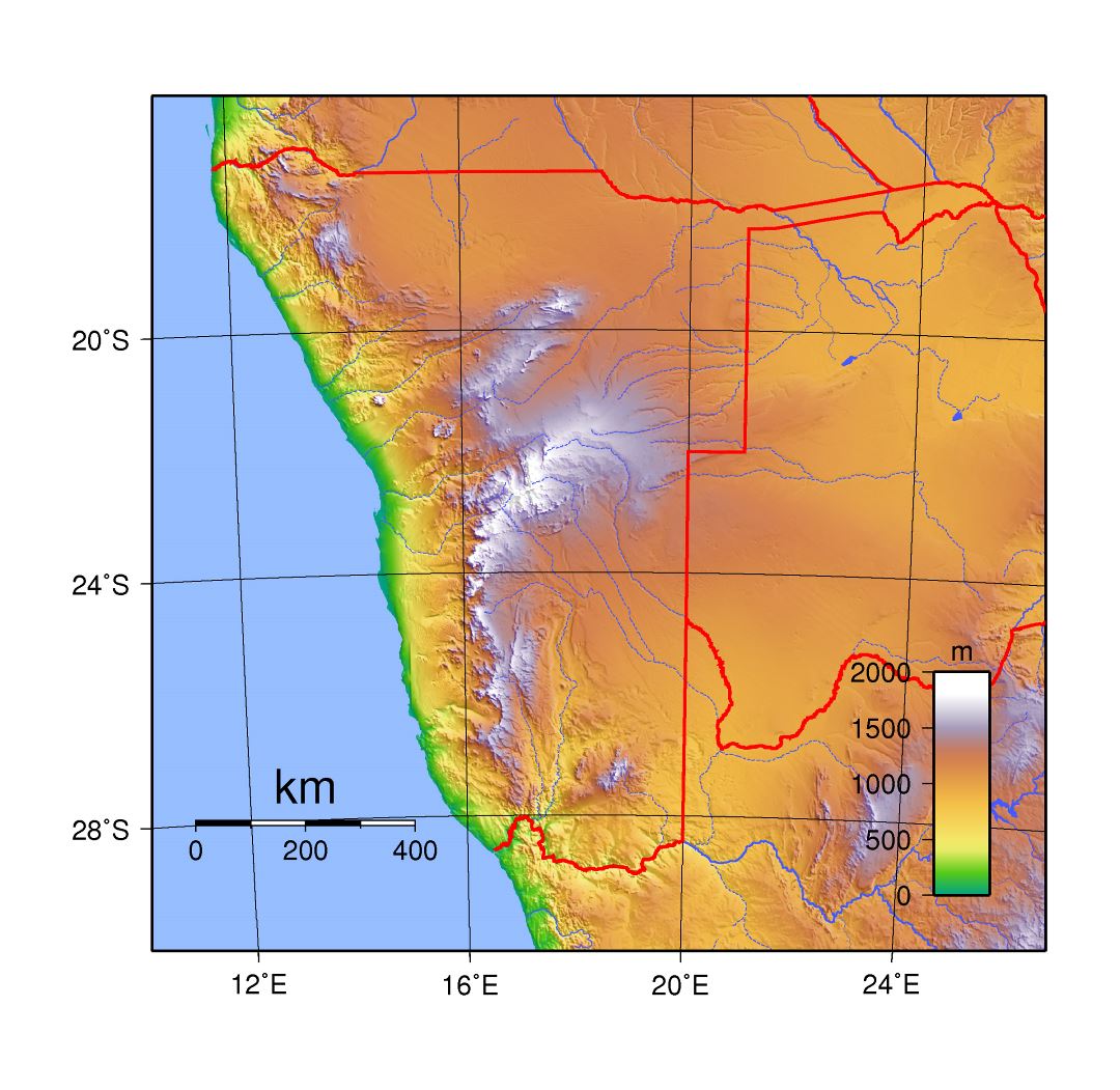 Large topographic map of Namibia