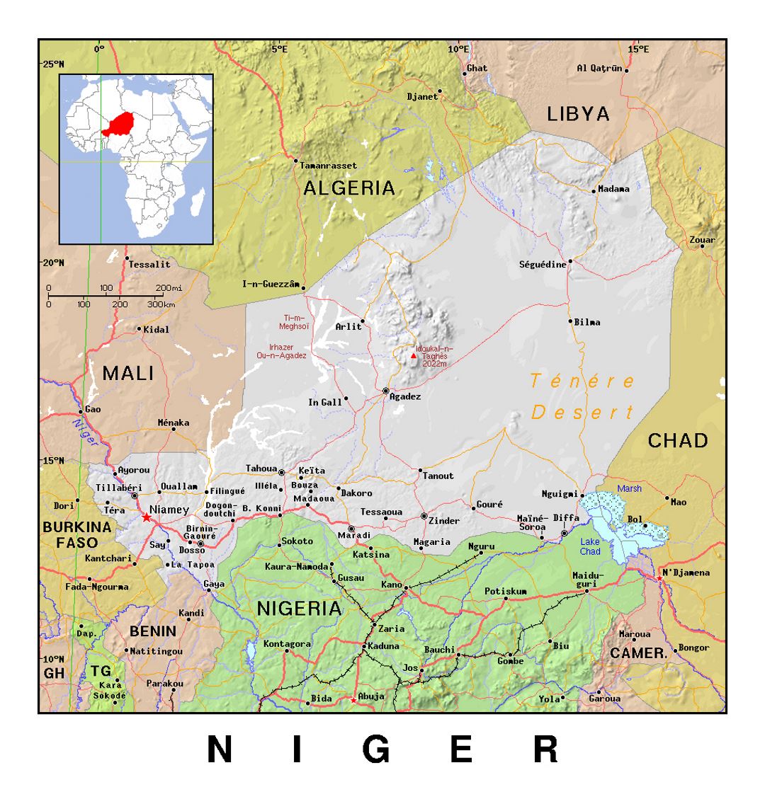 Detailed political map of Niger with relief