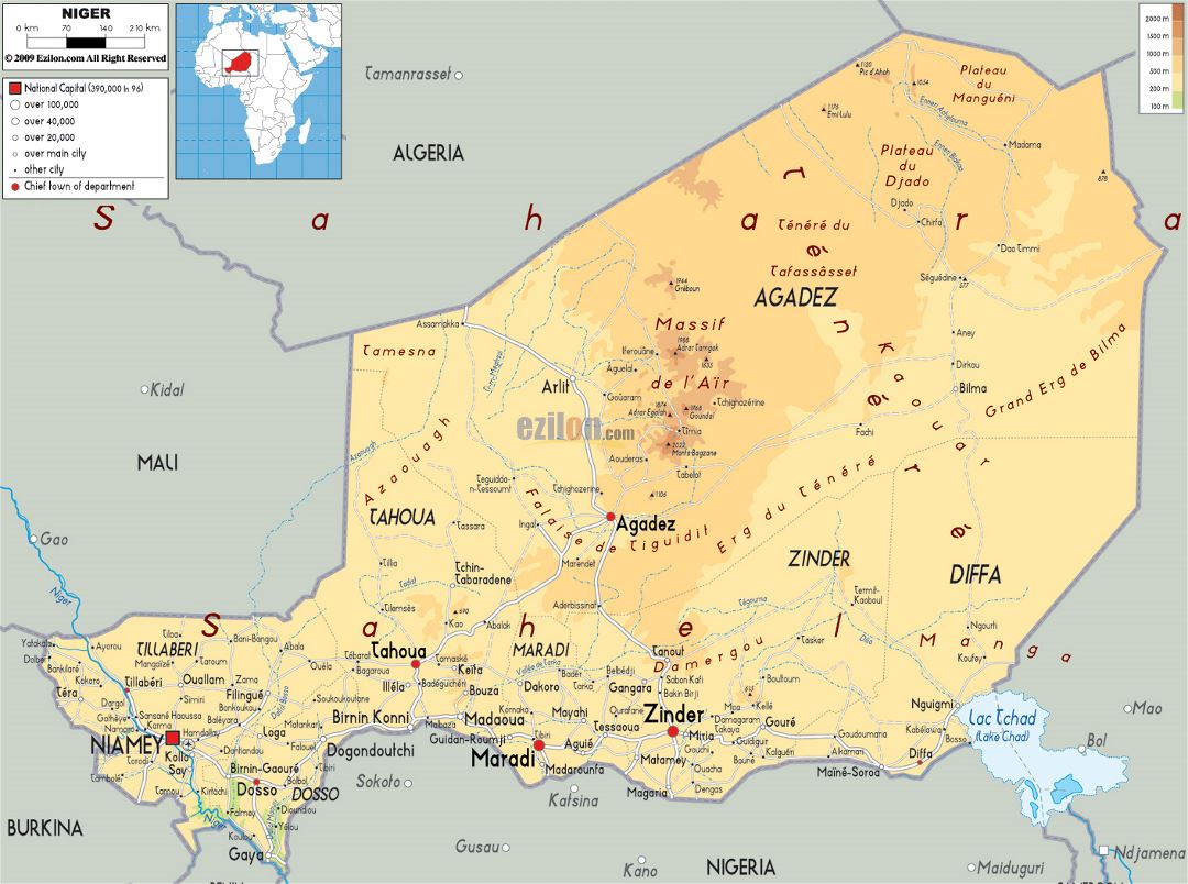 Large physical map of Niger with roads, cities and airports