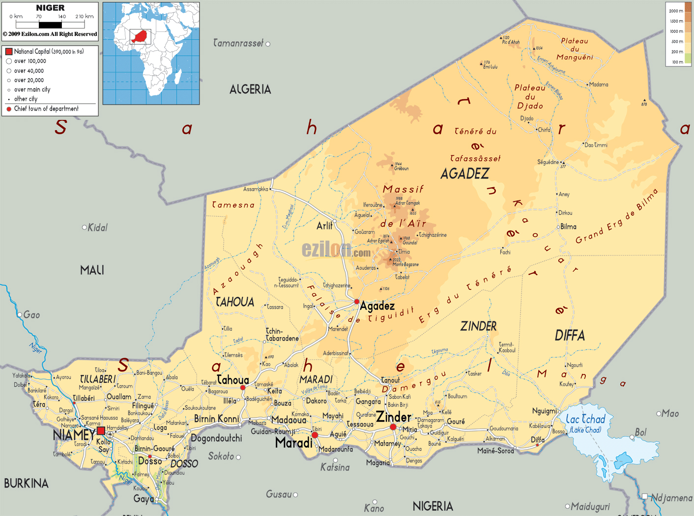 Large Physical Map Of Niger With Roads Cities And Airports Niger
