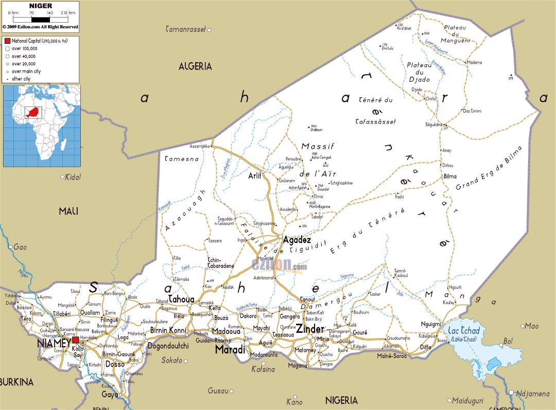 Large road map of Niger with cities and airports