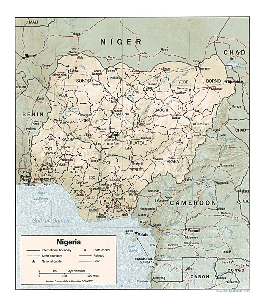 Detailed political and administrative map of Nigeria with relief, roads, railroads and major cities - 1993