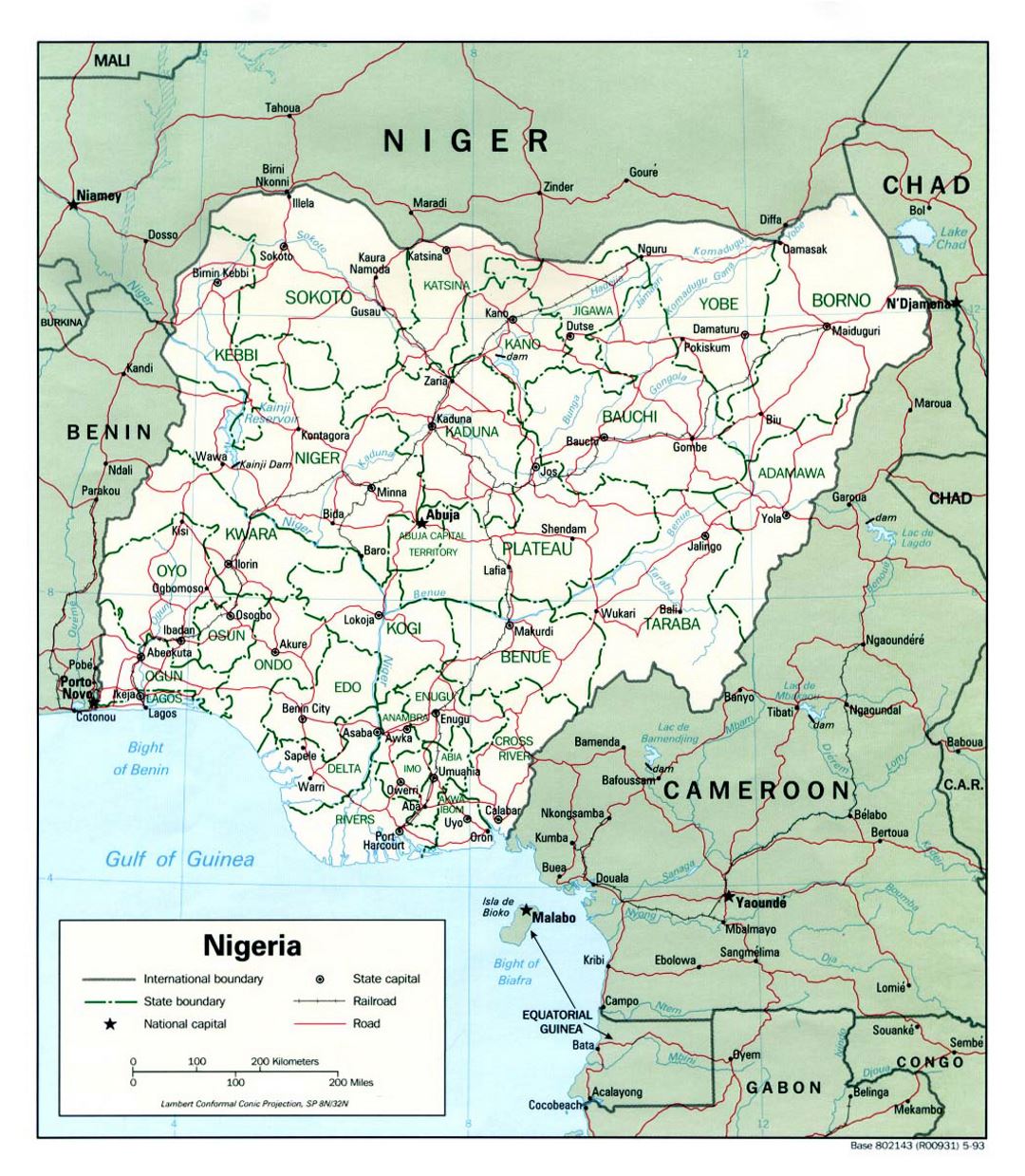 Detailed political and administrative map of Nigeria with roads, railroads and major cities - 1993