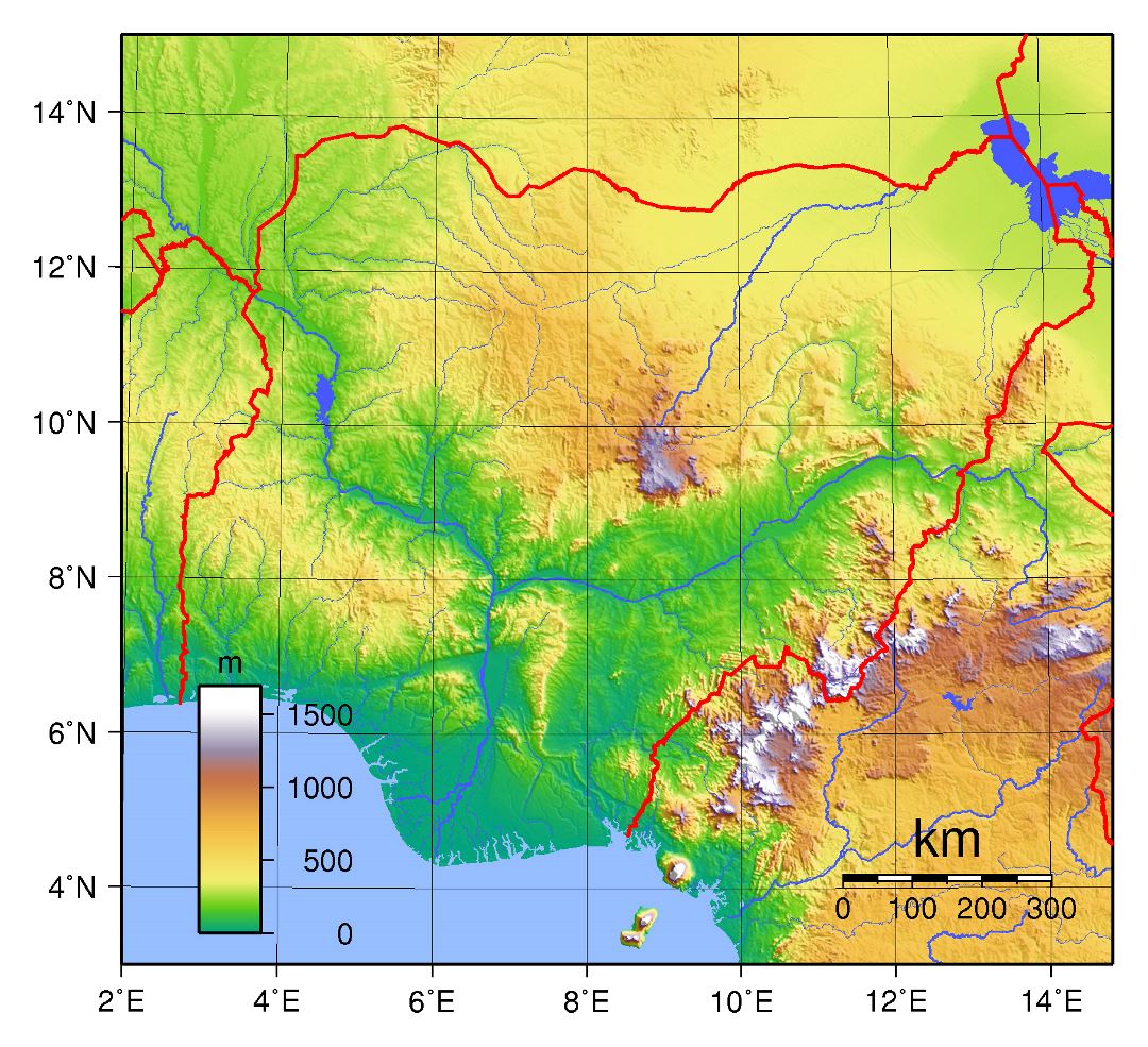 Large detailed physical map of Nigeria