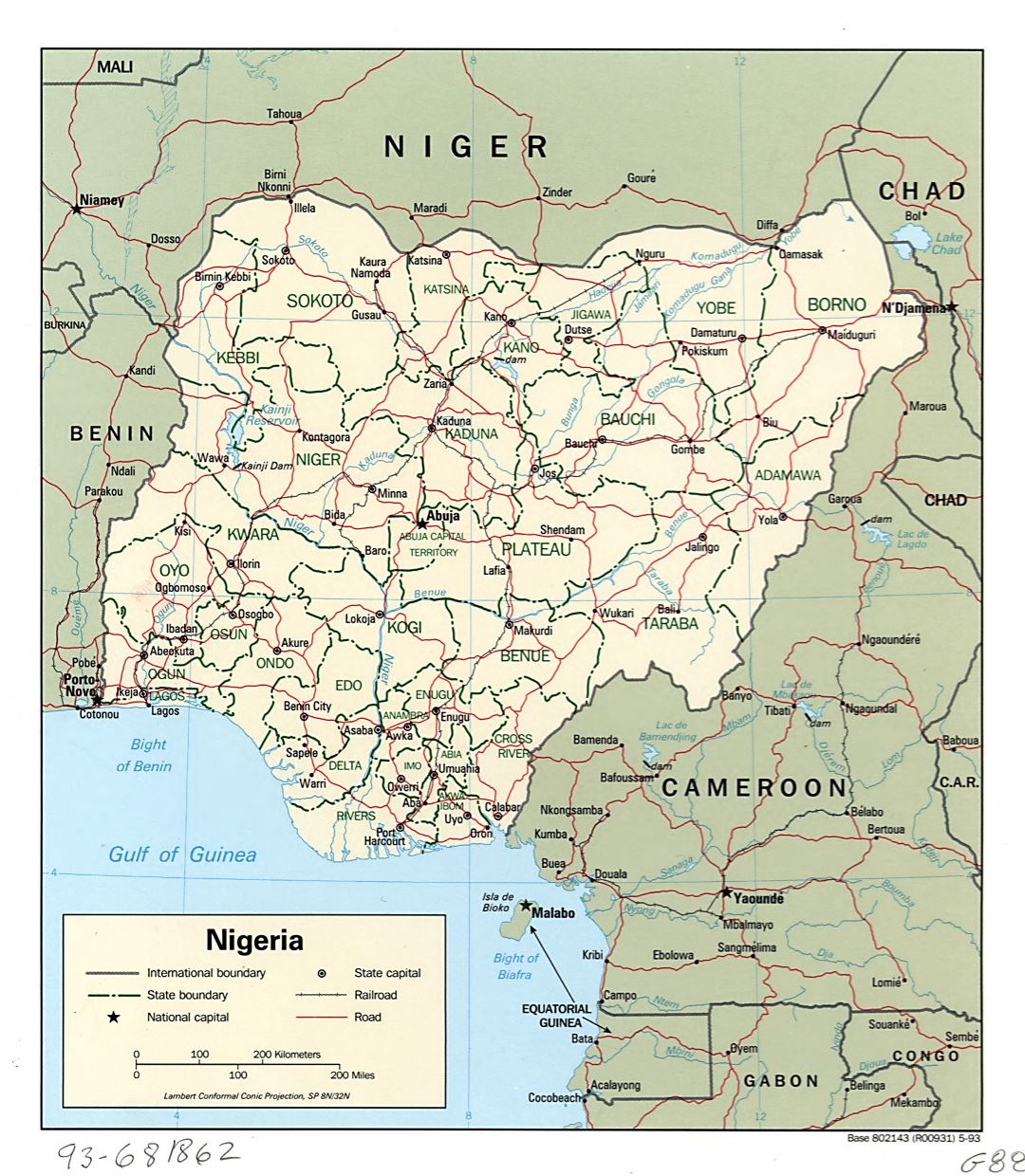Large detailed political and administrative map of Nigeria with roads, railroads and major cities - 1993