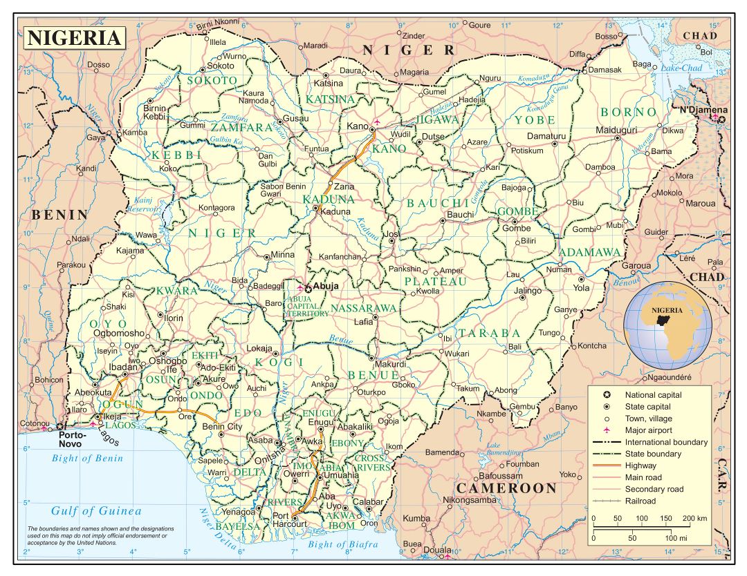 Large detailed political and administrative map of Nigeria with roads, railroads, cities and airports