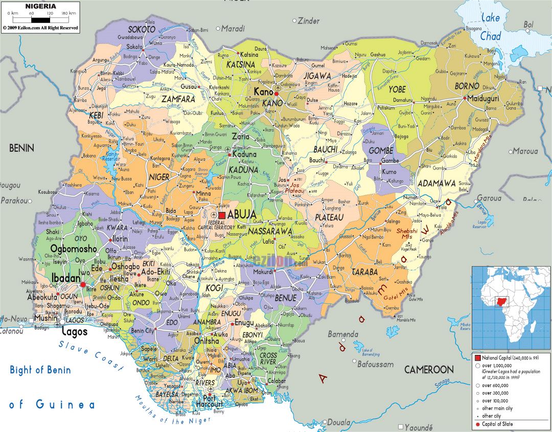 Large political and administrative map of Nigeria with roads, cities and airports