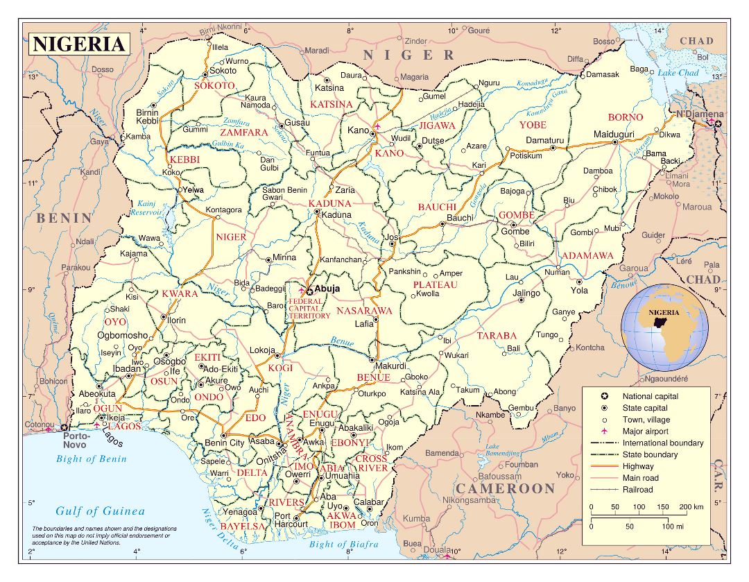 Large political and administrative map of Nigeria with roads, railroads, cities and airports