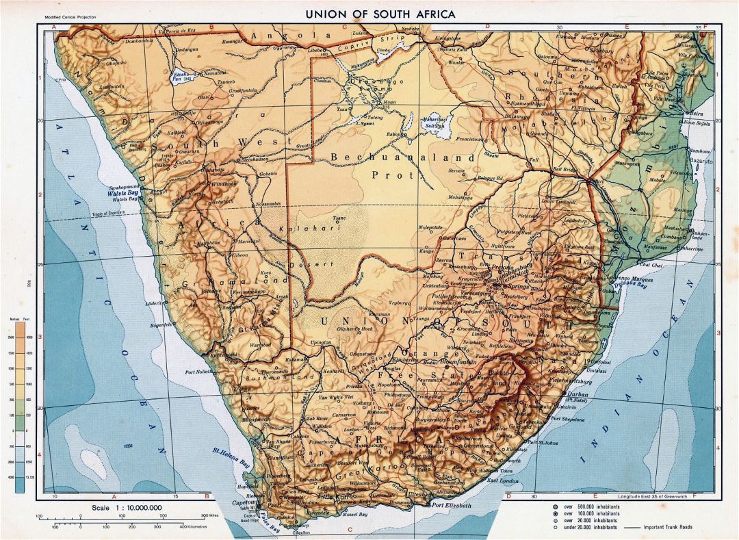 Detailed physical map of Union of South Africa