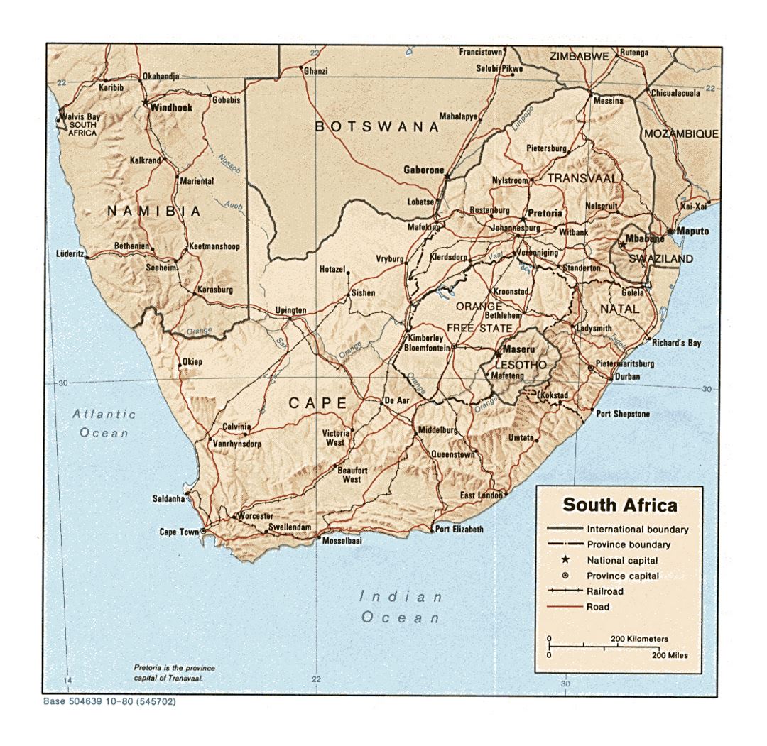 Detailed political and administrative map of South Africa with relief, roads, railroads and cities - 1980