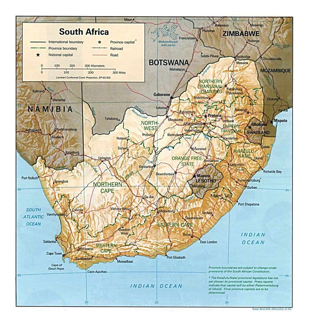 Detailed political and administrative map of South Africa with relief, roads, railroads and major cities - 1995
