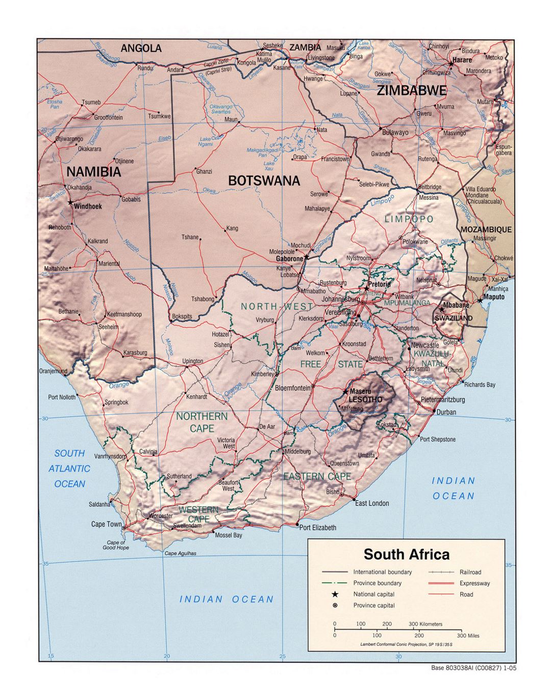 Detailed political and administrative map of South Africa with relief, roads, railroads and major cities - 2005