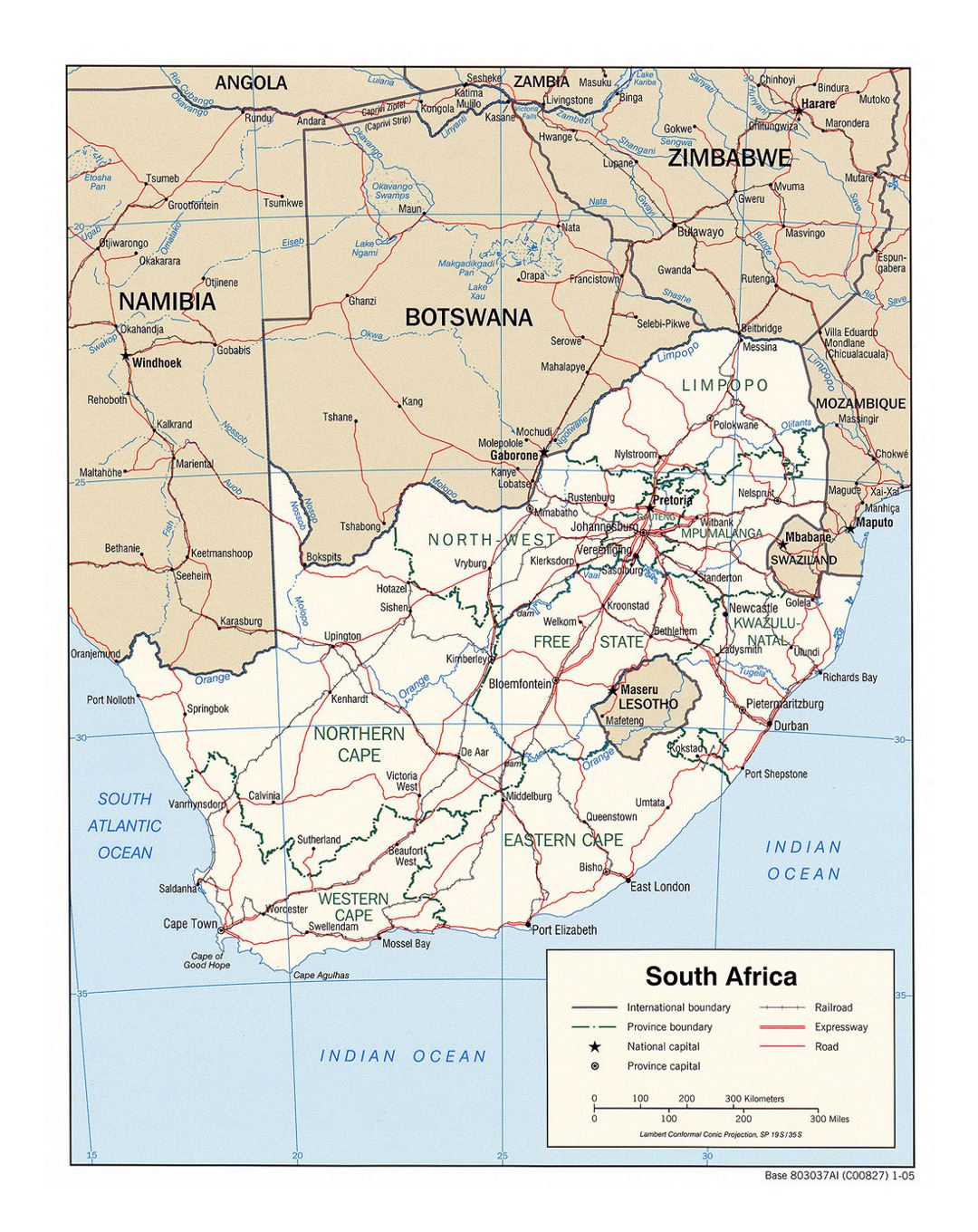 Detailed political and administrative map of South Africa with roads, railroads and major cities - 2005