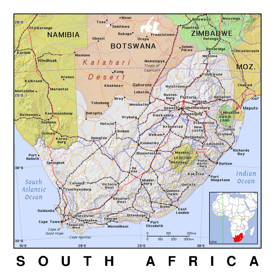 Detailed political map of South Africa with relief