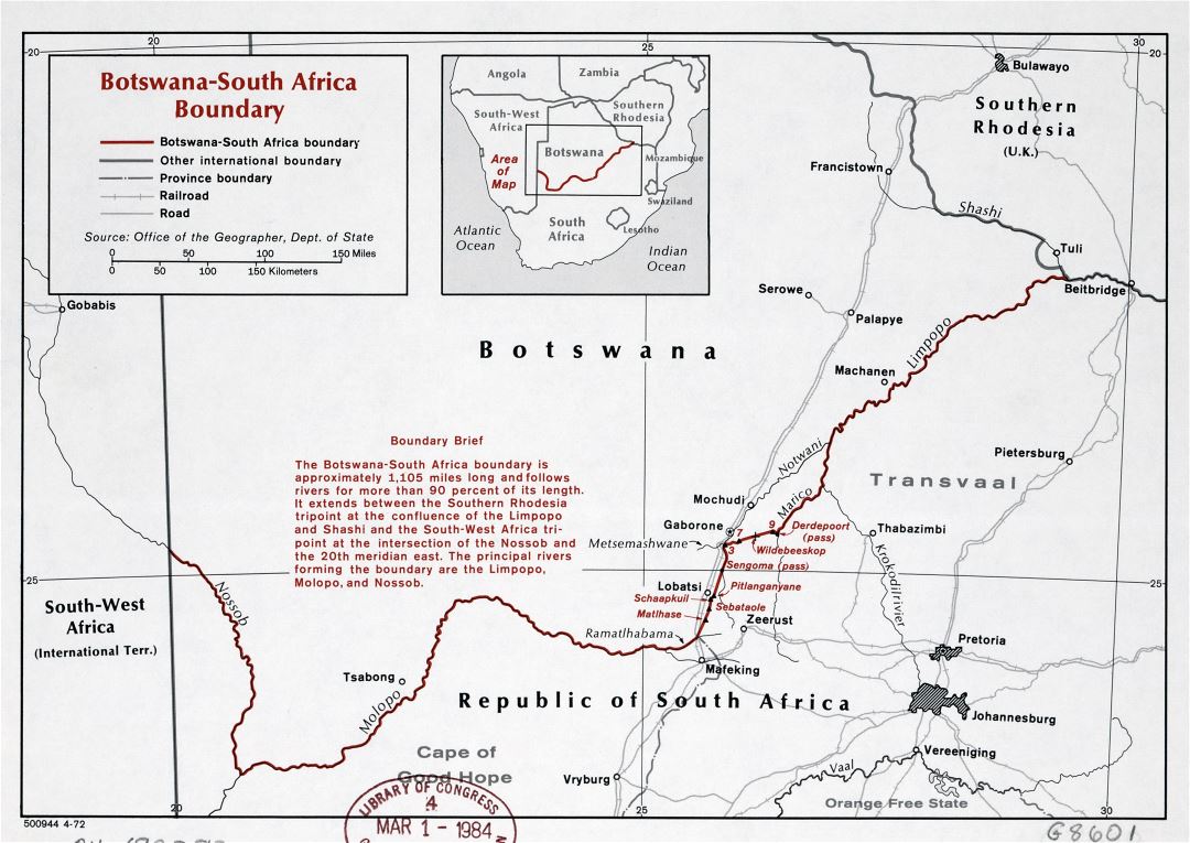 Large detailed map of Botswana - South Africa boundary - 1972