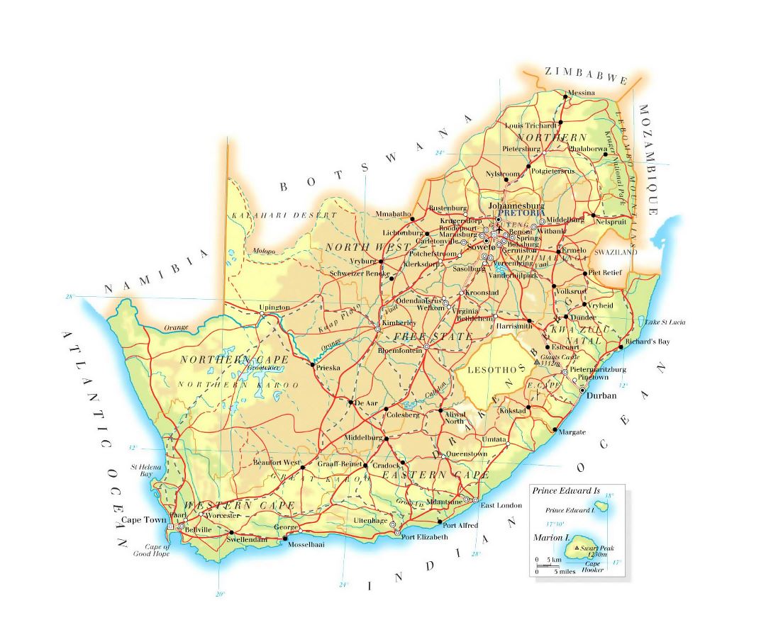 Large elevation map of South Africa with roads, railroads, cities and airports