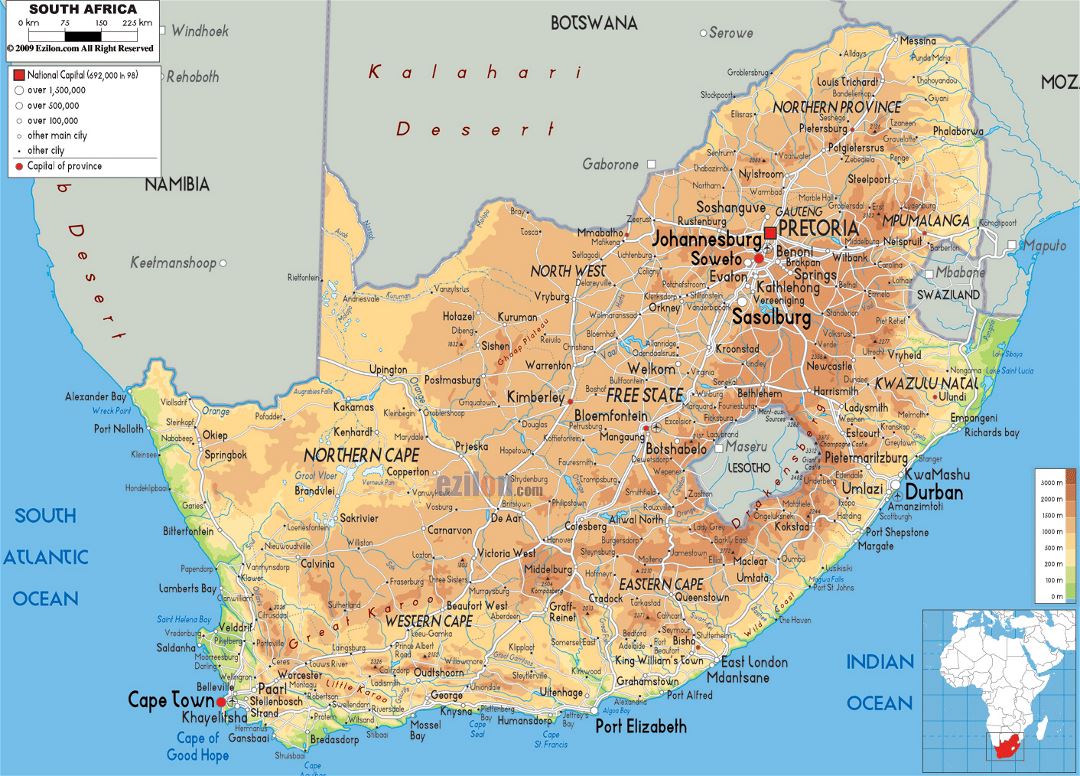 Large physical map of South Africa with roads, cities and airports
