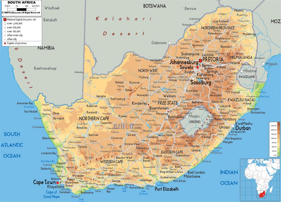 Large physical map of South Africa with roads, cities and airports