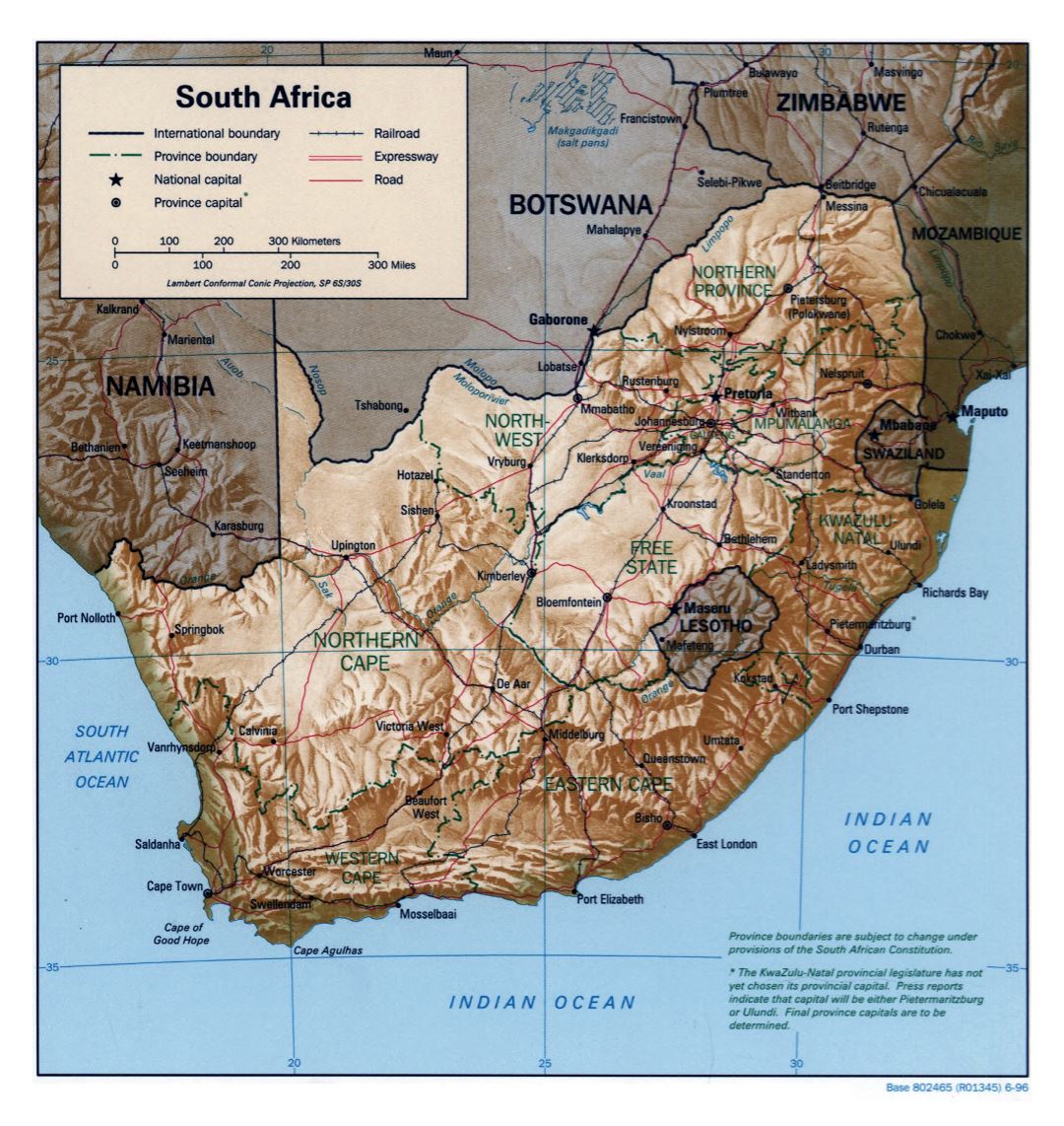 Large political and administrative map of South Africa with relief, roads, railroads and major cities - 1996